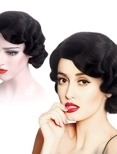  Kort svart 1920-tals peruk för kvinnor Gatsby vrålande 20-talet finger våg fest peruk syntetisk full vintage peruker för damer cosplay kostym festkläder 1920 flapper peruk Halloween peruker