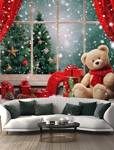  クリスマスの飾り クリスマスツリー 吊り下げタペストリー 壁アート クリスマス 大きなタペストリー 壁画 装飾 写真 背景 ブランケット カーテン 家 寝室 リビングルーム クマ 窓の景色