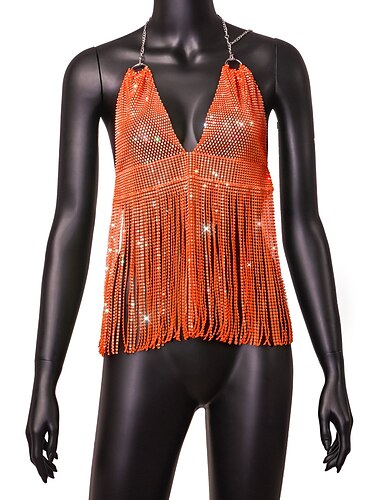  Metallisch Rückenfrei Glitzern Trägertop Körperkette Bauchfreies Tanktop Disco Tiefer V-Ausschnitt Damen Karneval Party Club Erwachsene Tanktop