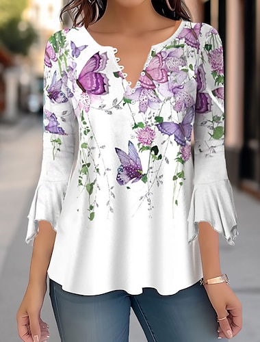  Pentru femei Cămașă Bluză Floral Buton Imprimeu Casual Concediu Modă Lungime Manșon 3/4 Rotund Alb Primăvara & toamnă