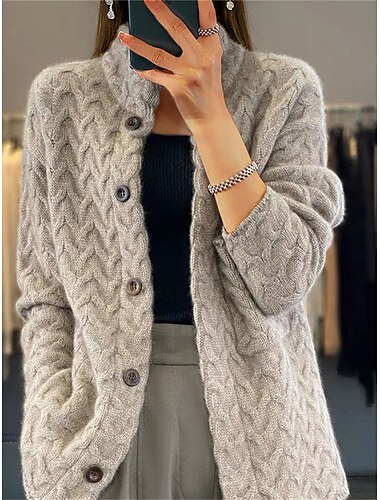  Per donna Cardigan Vintage Di tendenza Informale Tinta unica Cavi Colletto alla coreana Bottoni Lavorato a maglia Manica lunga Top regolari Maglia Esterno Giornaliero Per uscire Blu Cammello Autunno