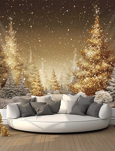  عيد الميلاد الذهبي الغابة شنقا نسيج جدار الفن عيد الميلاد كبير نسيج جدارية ديكور صورة خلفية ستارة بطانية غرفة نوم المنزل غرفة المعيشة الديكور