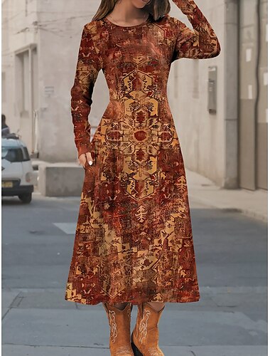  Damen Midikleid Freizeitkleid Winterkleid Ethnokleid Schwingkleid Vintage Ethnisch Tribal Formell Outdoor Urlaub Normale Passform Blumen Geometrisch Farbblock Langarm Rundhalsausschnitt Rosa Braun
