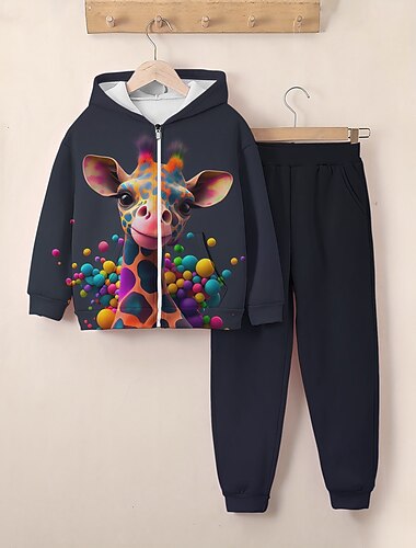  Fille 3D Girafe Ensemble sweat à capuche et pantalon de survêtement manche longue 3D effet Automne Hiver Actif Mode Le style mignon Enfants 3-12 ans Fermeture Eclair Capuche Extérieur Plein Air