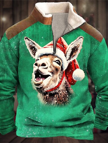  Herre Grafisk Esel god jul Gensere Genser Genser Glidelås med glidelås Langermet Genser Quarter Zip Daglig Grunnleggende Fritid 3D-utskrift Ferie Feriereise Ut på byen Trykt mønster Fleece Høst vinter