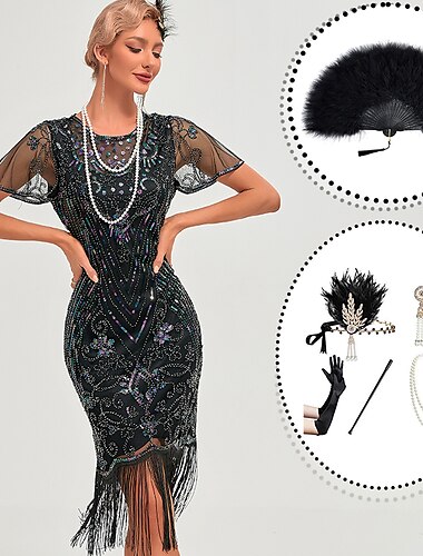  setti midi läppämekolla höyhen pääpanta tuulettimet oopperahanskat kaulakoru korvakorut savukepidike naisten möly 20-luvun 1920-luvun asut cocktail naamiaiset häät prom gatsby joulupuku juhlamekko
