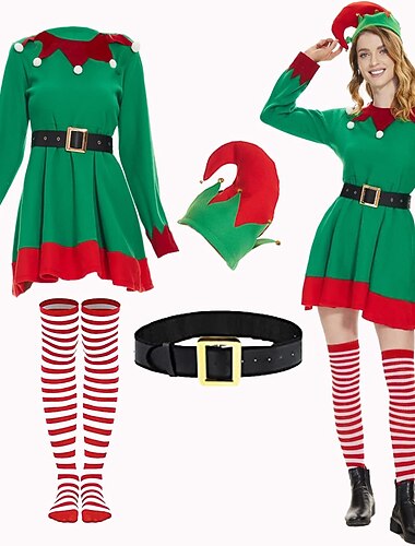  Elf Fancy Kerst Jurk Kerstmanpakken Cosplay Kostuums Dames Kerstmis Cosplay Kostuum Volwassenen Kerstmis Maskerade Kerstmis Feest Kleding Riem Sokken Hoed