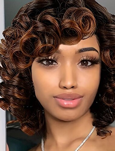  Afro-Lockenperücken mit Pony, große blonde Perücken für Frauen, hellbraune kurze Perücken, schwarze Kunsthaar-Naturperücken, 30,5 cm
