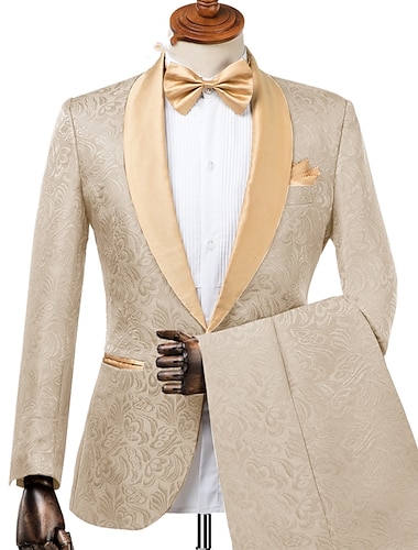  Heren trouwfeest prom pakken zwart champagner jacquard bloemen pasvorm 2-delig enkelsteeks één knoop