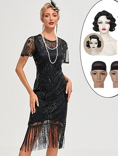  σετ με flapper φόρεμα δάχτυλο wave περούκα κεφαλόδεσμος γάντια κολιέ τσιγαροθήκη 2* καπέλα περούκας γυναικεία roaring 20s 1920s cocktail masquerade outfits the great gatsby χριστουγεννιάτικο πάρτι