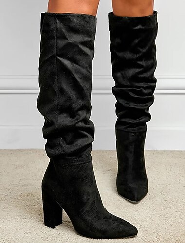  Women's Red Suede Slouch Knee High Boots – Pointed Toe Chunky Heel Long Boots for Party, Christmas, and Night Out Outfits