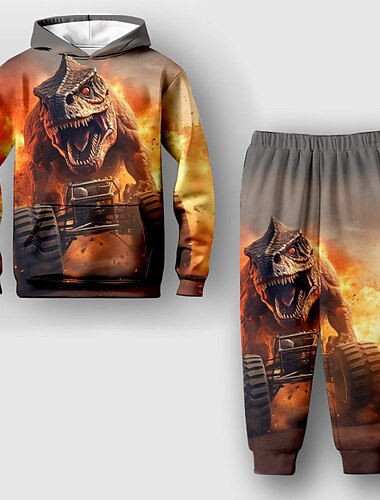  Jungen 3D Dinosaurier Set aus Kapuzenpullover und Jogginghose Set Langarm 3d Drucken Herbst Winter Aktiv Modisch Cool kinderkleidung 3-12 Jahre Outdoor Urlaub Strasse Regular Fit