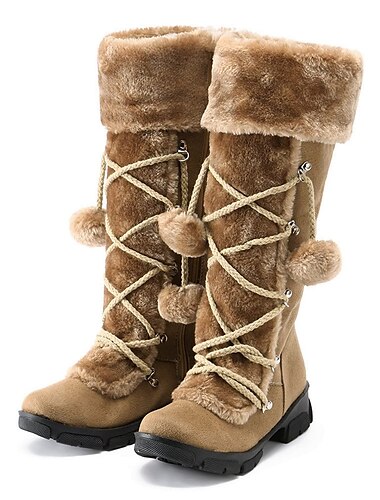  Schwarze Winterstiefel aus Kunstfell für Damen mit Bommel-Schnürsenkeln – warm isoliert, kniehohes Design, rutschfeste Sohlen für kaltes Wetter und verschneite Tage