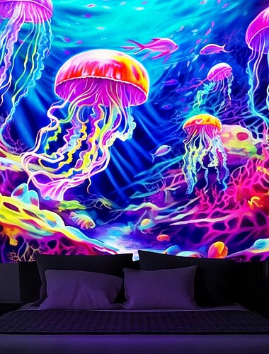  arazzo a luce nera reattivo ai raggi UV fosforescente festa fluorescente neon medusa sottomarino psichedelico psichedelico nebbioso arazzo appeso arte murale per soggiorno camera da letto