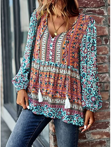  Damenhemd Boho-Hemd Spitzenhemd Bluse Mode Blumenmuster Schnürung Druck Langarm Normale Oberteile V-Ausschnitt Freizeit Urlaub Rot Marineblau Blau Lila Grün Frühling&amp;  fallen