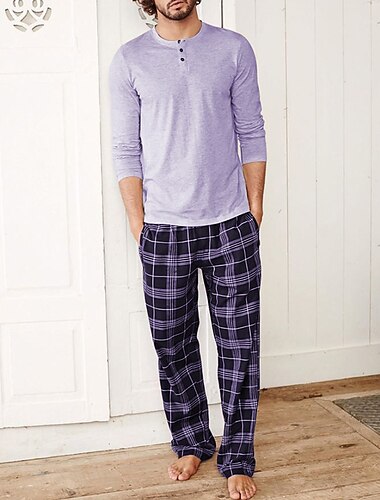  Herren Hausanzug Schlafanzüge Schlafanzug Set Pyjama-Oberteil und Hose 2 Stück Plaid Stilvoll Brautkleider schlicht Komfort Heim Täglich Baumwollmischung Komfort Henley Langarm T Shirt Hose Kordelzug