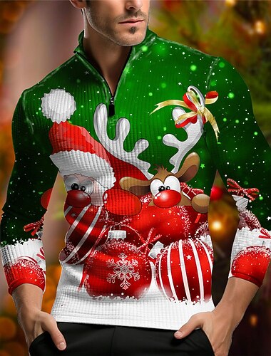  jul menns juledyr 3d glidelås polo julenissen elg uformelt trykk 3d vaffel glidelås utendørs uformelt daglig streetwear vaffelstoff lange armer glidelåsskjorter svart vin høst &amp; vinter s m l