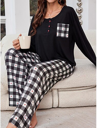  pyjamasset för kvinnor rutnät/pläd avslappnad komfort hemsäng som andas med rund hals långärmad t-shirt t-shirt byxknappficka höst vinter hemkläder