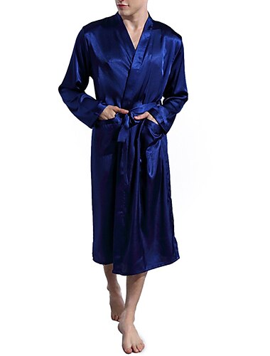  Herren Morgenmantel Bademantel Seidenrobe Kimono aus Seide 1 pcs Glatt Stilvoll Brautkleider schlicht Komfort Heim Täglich Bett Kunstseide Komfort Warm V Ausschnitt Langarm Gürtel inbegriffen Herbst