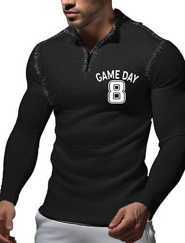 Men's Waffle Polo Shirts Long Sleeve Polo Shirts Turndown Zip Casual Daily 3D Print Fall & Winter Black And White Black White