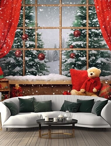  kerstversiering kerstboom hangend wandtapijt wandkunst kerstmis groot wandtapijt muurschildering decor foto achtergrond deken gordijn huis slaapkamer woonkamer beer raam uitzicht