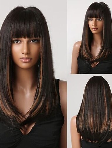  Perucas pretas longas para mulheres na altura dos ombros, loira mista, preta, com franja, peruca sintética natural, peruca de reposição de cabelo, peruca para uso diário em festas, perucas barbiecore