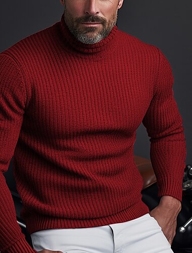  Men's Pullover Sweater Jumper Turtleneck Sweater Knitwear Ribbed Knit Regular Basic Plain Turtleneck Keep Warm Modern Contemporary Daily Wear Going out Clothing Apparel Fall & Winter Black Wine M L XL