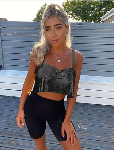  Metallisch Rückenfrei Glitzern Trägertop Bauchfreies Tanktop Disco Tiefer V-Ausschnitt Damen Party Club Erwachsene Tanktop