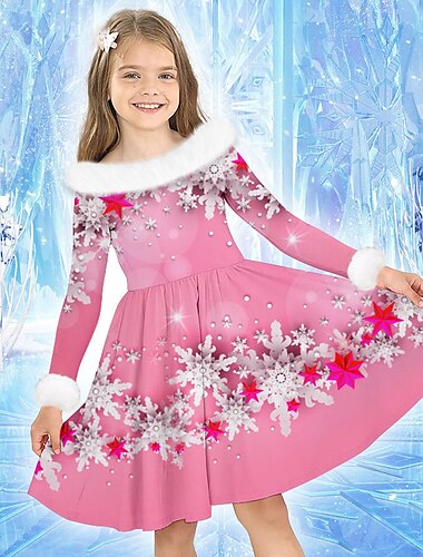  Mädchen' 3D Schneeflocke Kleid Langarm 3D-Druck Herbst Winter Sport & Natur Täglich Festtage Kuschelig Brautkleider schlicht Schön kinderkleidung 3-12 Jahre Casual kleid Schaukelkleid A Linie Kleid