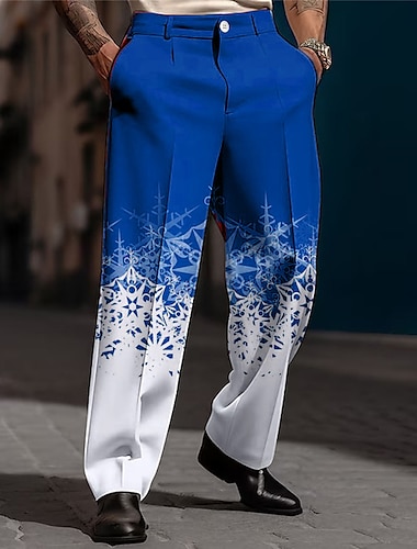  Weihnachtshose für Herren mit Weihnachtsszenen-Aufdruck, Schneeflocke, Business-Casual-Hose mit 3D-Aufdruck, Outdoor-Straßenkleidung für die Arbeit, Polyester, Schwarzweiß, Weingelb, S, M, L,