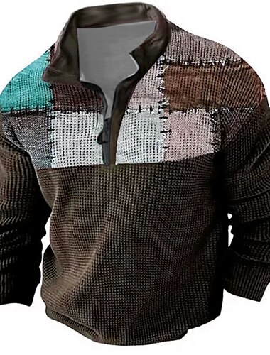  Herren Farbblock Waffel-Poloshirts Golf Poloshirts Langarm Polo-Shirts Umlegekragen Reißverschluss Vintage Outdoor Alltagstauglich Streetwear 3D Druck Herbst Winter Schwarz Blau Braun