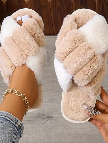  dames pluizige pluche kruisband pantoffels - zachte fleece pantoffels voor binnen voor comfort en warmte
