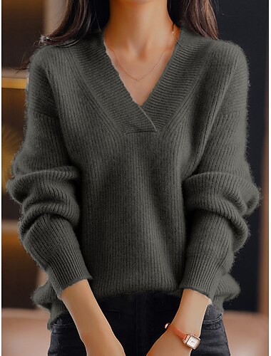  Damen Pullover Stilvoll Brautkleider schlicht Weich Feste Farbe Gerippt V Ausschnitt überdimensional Langarm Normale Oberteile Stricken Outdoor Täglich Ausgehen Marineblau Blau Herbst Winter