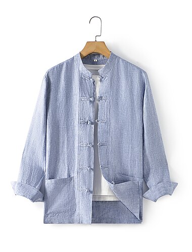  100% Linne Ficka Herr Skjorta linneskjorta Svart Vit Marinblå Långärmad Slät Kinakrage Vår & Höst Utomhus Dagligen Kläder