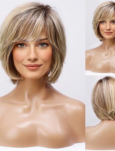  kort ombre blond peruk för kvinnor handbunden spets främre människohår peruk lager bob peruk med lugg blond blandad brun naturlig peruk för dagligt bruk