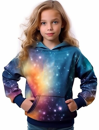  Девочки 3D Галактика Толстовка Pullover Длинный рукав 3D печать Осень Зима Активный Мода Симпатичные Стиль Дети 3-12 лет на открытом воздухе Повседневные Стандартный