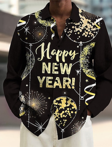  Nouvel an Homme Lettre Scène de Noël Chemise manche longue Décontractées Sortie Fin de semaine Automne hiver Col rabattu Imprimer Bouton bas Noir Jaune Dorée