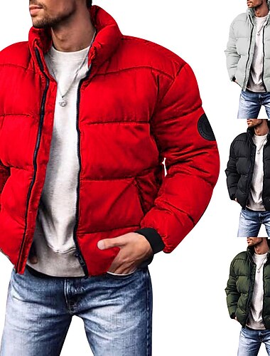  Men's Winter Coat Winter Jacket Puffer Jacket Cardigan Pocket Zipper Pocket Going out Casual Daily Hiking Windproof Warm Winter Pure Color Black Red Light Grey Army Green Puffer Jacket