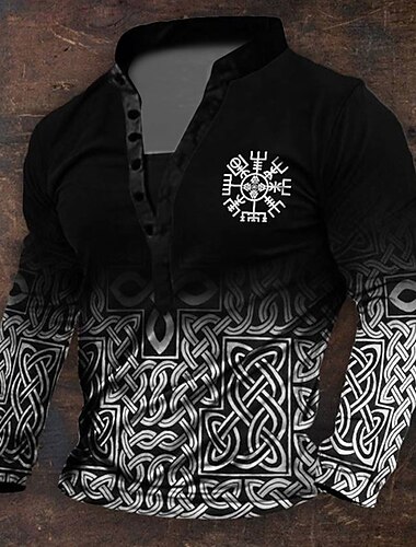  Voor heren Grafisch Viking Henley-shirt Lange mouw 3d printen Dagelijks Retro vintage Casual Feestdagen Uitgaan Festival Lente & Herfst Zwart blauw Bruin Groen Henley Henley-T-shirt