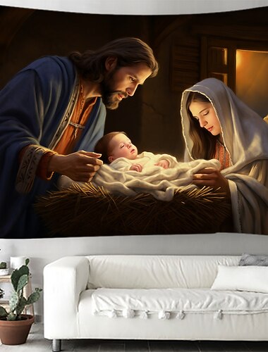  juledekorasjoner julekrybbe Jesus hengende billedvev veggkunst stor juleteppe veggmaleri dekor fotografi bakteppe teppe gardin hjem soverom stue dekorasjon