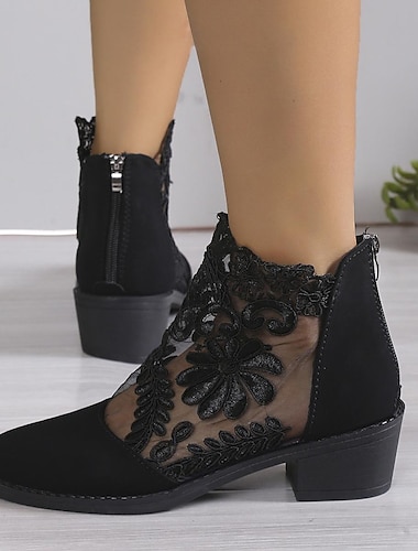  bottines en dentelle noire pour femmes avec motif en maille florale et talon bas - chaussures élégantes pour les occasions décontractées et habillées