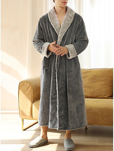  Herren Schlafanzug Morgenmantel Bademantel 1 pcs Glatt Stilvoll Brautkleider schlicht Komfort Heim Täglich Bett Vlies Komfort Warm V Ausschnitt Langarm Tasche Herbst Winter Schwarz Dunkelblau