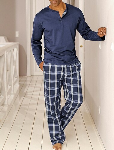  Herren Freizeitkleidung Nachtwäsche Schlafanzug Set Pyjamaoberteil und Hose 2 Stück Karomuster Stilvoll Lässig Komfort Heim Täglich Polyester Komfort Henley Langarm T Shirt Hose Kordelzug Elastischer