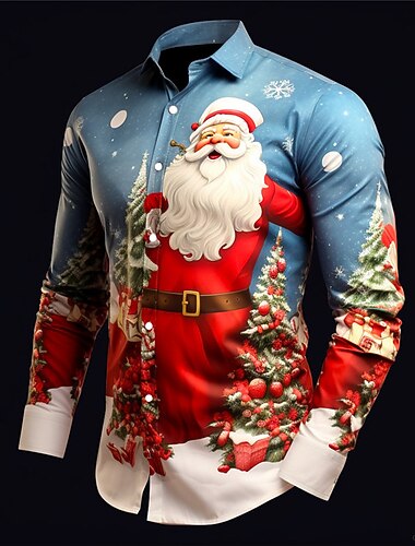 camicie stampate da uomo con babbo natale natale babbo natale casual abbigliamento quotidiano uscite autunno&amp;inverno turndown manica lunga bordeaux, blu, viola s, m, l tessuto elasticizzato in 4