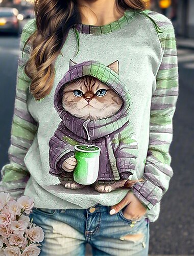  Sudadera de mujer, jersey con estampado de gato, ropa deportiva informal, ropa deportiva activa, divertida, cuello redondo, manga larga, top microelástico para otoño&amp;Tejido suave, transpirable y