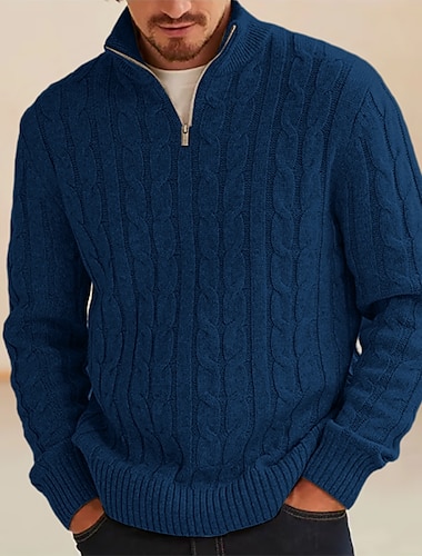  Herren Pullover Strickpullover Gerippt Gedrehtes Stricken Standard Strick Glatt Viertel Postleitzahl Vintage warm halten Freizeitskleidung Ausgehen Bekleidung Herbst Winter Schwarz Blau S M L