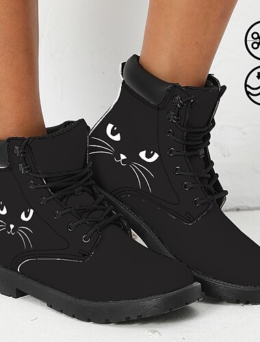  Women's Boots Print Shoes Combat Boots Animal Print Daily Cat Booties Ankle Boots Winter Flat Heel Round Toe Closed Toe Fashion Casual Faux Leather Lace-up Black Pink Blue