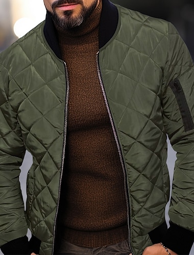  Men's Winter Jacket Quilted Jacket Outdoor Daily Wear Warm Pocket Fall Winter Plain Fashion Streetwear Standing Collar Regular Black Wine Blue Red & White Army Green Jacket