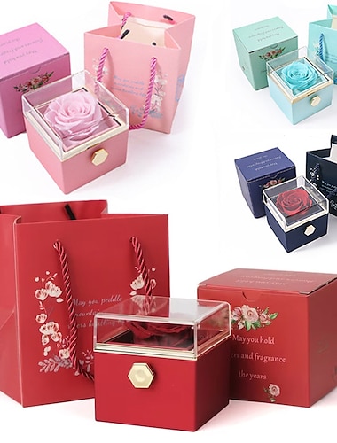  مجموعة صندوق هدايا دوارة من الورد الأبدي الحقيقي، زهرة أبدية رومانسية | عيد ميلاد، عيد الأم، هدايا للنساء، هدية عيد الحب