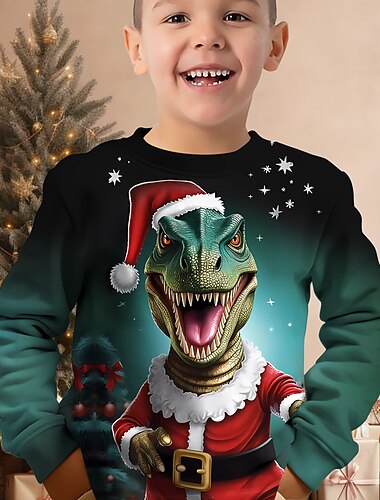 Jul Gutt 3D Dinosaur Julegenser Genser Pullover Langermet 3D-utskrift Høst Vinter Mote Gatemote Kul Polyester Barn 3-12 år Crew-hals utendørs Avslappet Daglig Normal